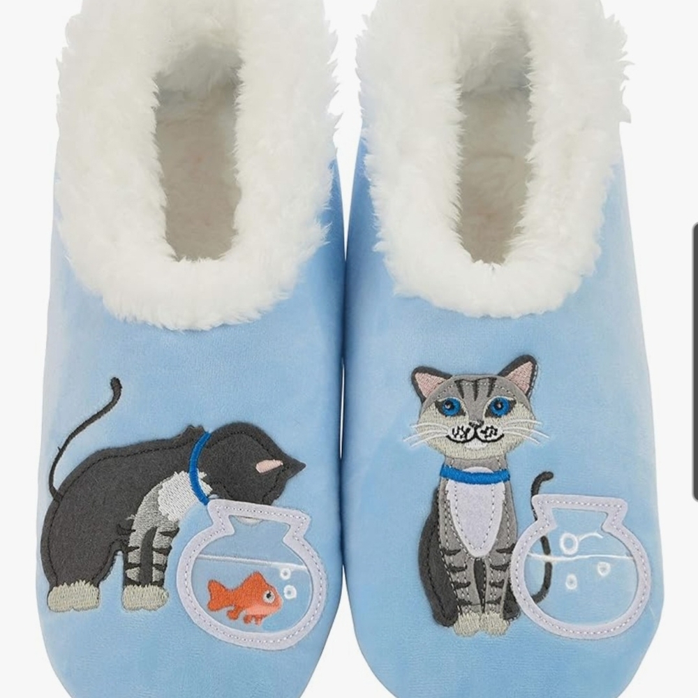 Blue and White Cat Cartoon Slippers with Fuzzy Lining